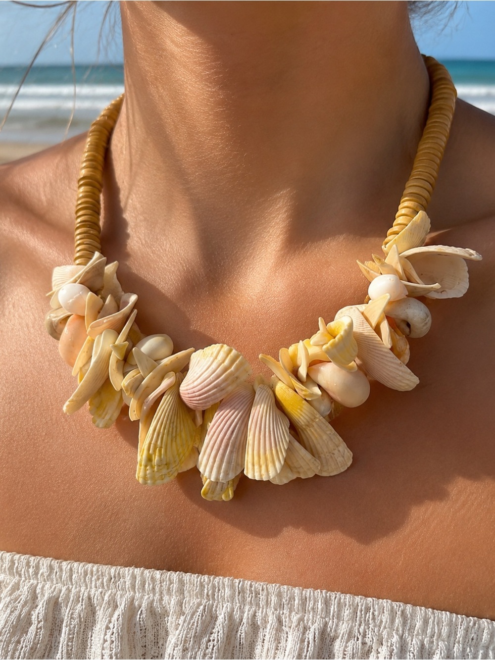 Vintage Seashell Statement Necklace 19” Beach Coastal Boho Natural Shells